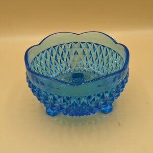 Vintage Indiana Glass Bowl Diamond Point Blue  Candy Dish Tri-footed Bowl 5" Dia